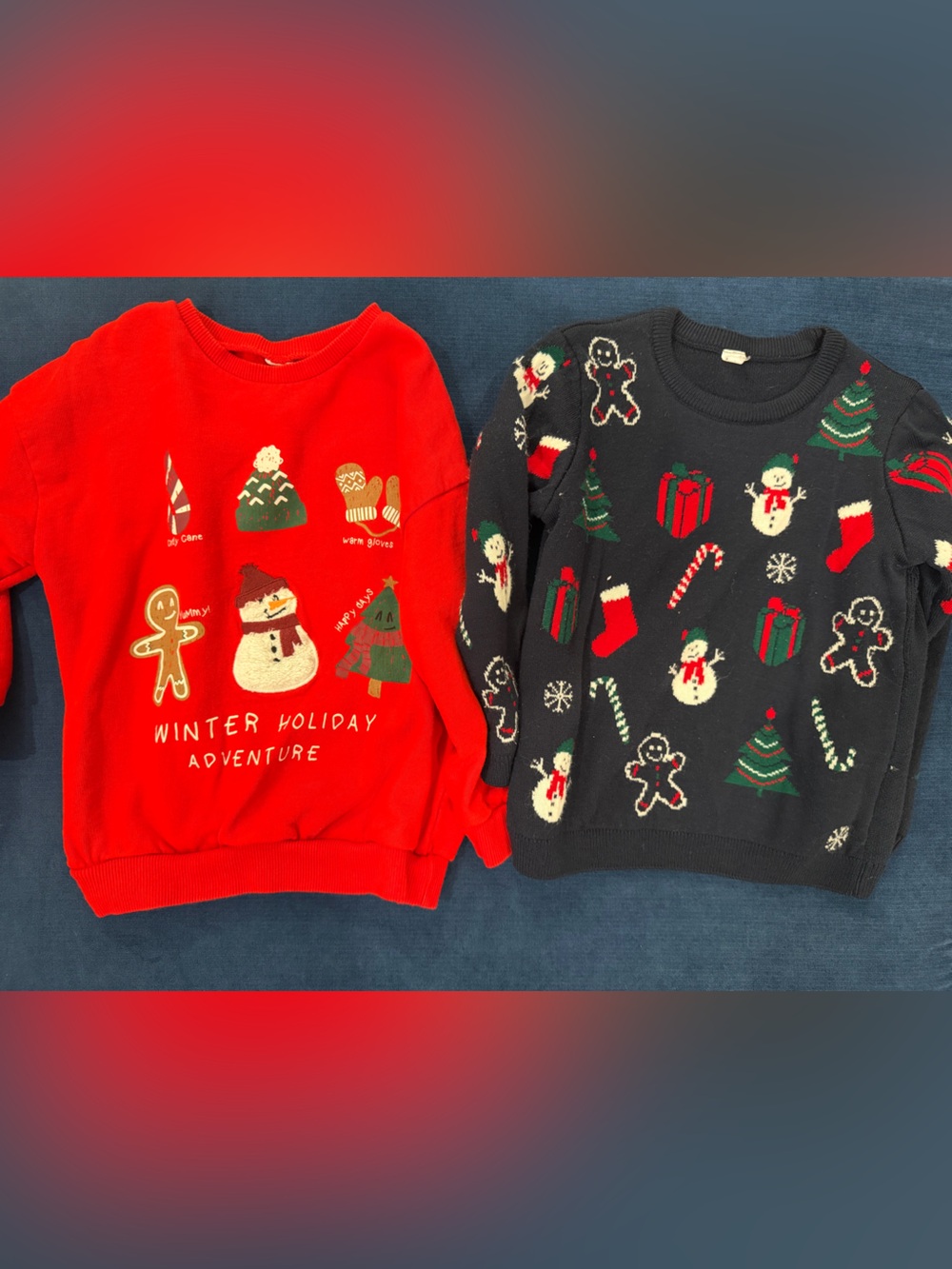 Kids Holiday Sweatshirt - Red Snowman & Gingerbread Design